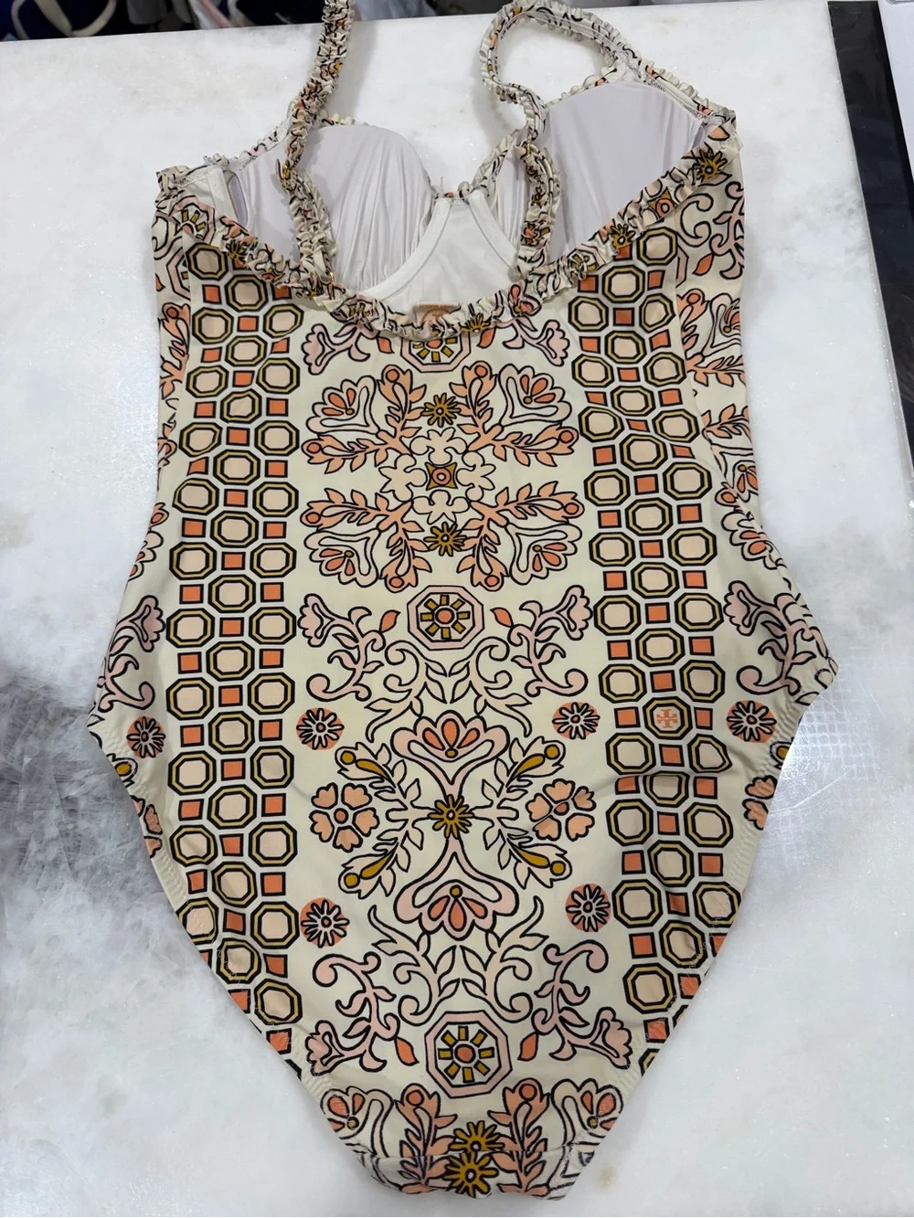 Tory Burch Cream One-Piece Swimsuit with Orange and Brown Floral Tile Print